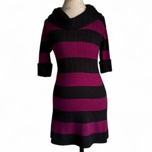 Takeout‎ Striped Cowl Neck Sweater Dress Purple Black Cable Knit Cuffed Sleeve M